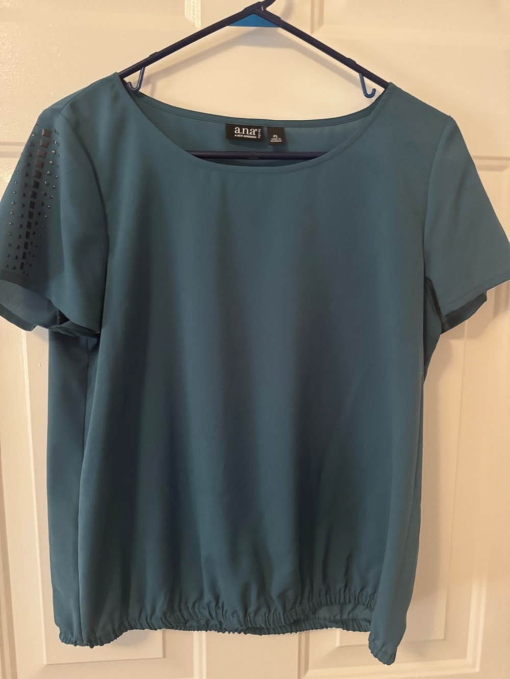 a.n.a Teal Short Sleeve Blouse with Perforated Sleeve Detail